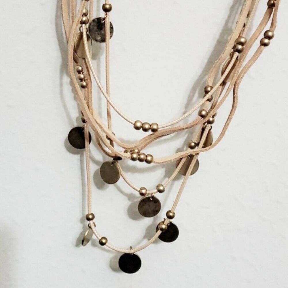 Plunder Rhiannon Tan Suede Leather Necklace Gold Beads Discs 20" Boho Festival - Picture 2 of 4